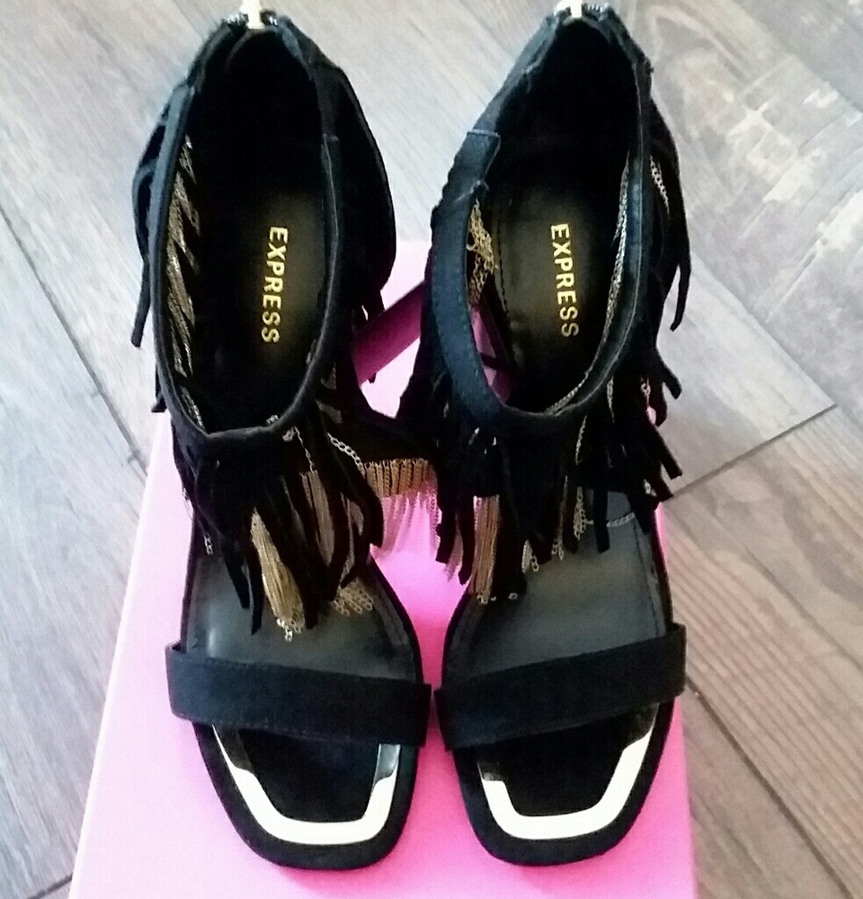Express Chain and Suede Fringe Runway Heel